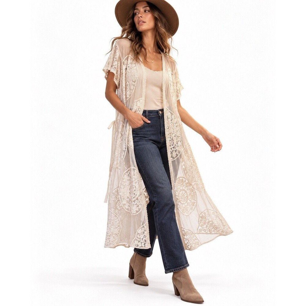 Shyanne Ivory Embroidered Lace Sheer Kimono Duster Cover Up One Size